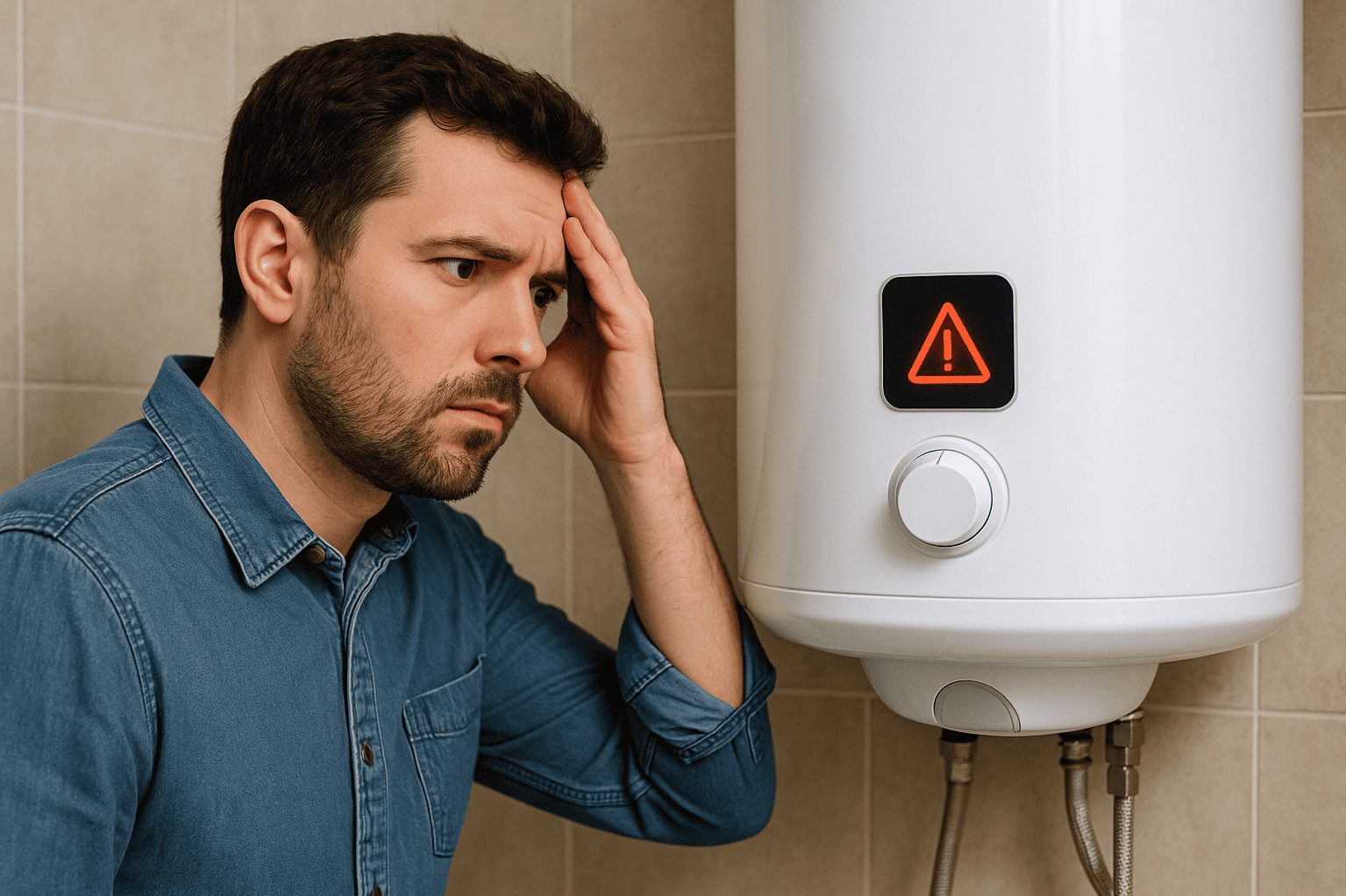 A puzzled man in a denim shirt examines a water heater displaying an error symbol, with the text 'Why Your Water Heater Isn't Working?